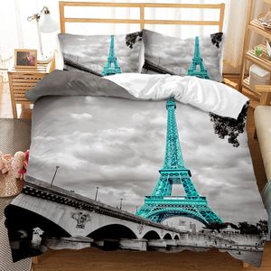 Hippie Paris Eiffel Tower Pattern Duvet Capa floral Paris Landmark Eiffel Tower King Szie Casal romântico Polyster Quilt Cover