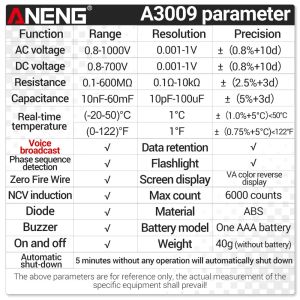 ANENG A3009 디지털 6000 카운트 지능형 음성 방송 멀티 미터 센서 펜 테스터 전압 비접촉 미터 버저