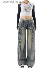 Jeans feminino Japanese Rua Bagagem de roupas de bens básicos Calças Hip Hop Pocket Pocket Lazer solto de calças de comprimento total Autumn C240411