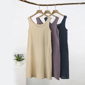 Casual Dresses Cotton Gaze Summer For Women 2024 Ärmlös Chic Tank Dress Midi Sundress Robe med fickor Vestidos