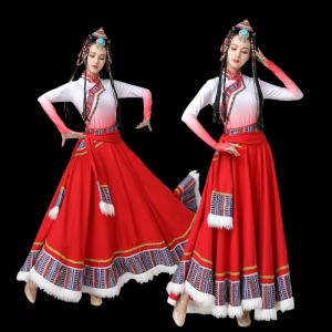 Tibetan Dance Costume Chinese Traditional Costume Folk Festival Rave Outfit Female Red Ethnic Mongolian Hmong Dance Performance