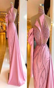 Pink Mermaid Prom Dresses Sexy Sequins Beads Satin One Shoulder One Long Sleeve Glitter Elegant Floor Length High Waist Evening Fo9066795