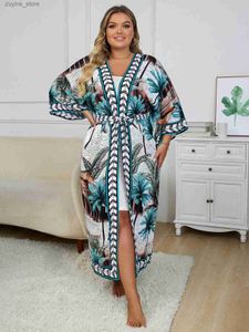 Basic Casual Dresses Bohemian Printed Batwing Sleeve Belt Kimono Dress For Summer 2024 Women Loose Beachwear Plus Size Long Maxi Dresses Sarong Q1512 L49