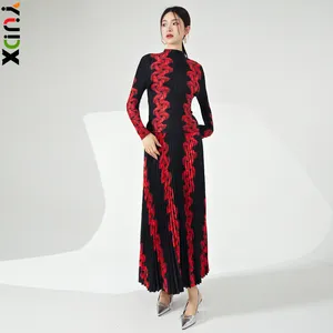 Work Dresses YUDX Miyake Style Pleated Suit 2024 Spring Half High Collar Printed T-shirt&A-line Fold Skirt Women's Two Piece Sets