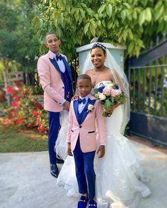 Pink Jacket Royal Blue Vest Pant One Buttons Boy Suits Peaked Lapel Children Costume Wedding Party Tuxedos Boys Blazer Set