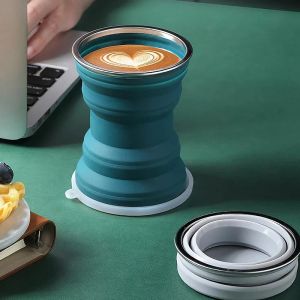 Portable Silicone Folding Water Cup Outdoor Heat Resistant Foldable Mug with Lid Collapsible Travel Drinking Cups for Camping