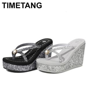 TimeStSummer Platform Kadın Ayakkabı Plaj Sandalet Rhinestones Sequins Flip Flops Nefes Alabilir Parlak Kama Kadınlar 240321