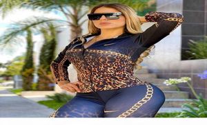 Ship 2020 Women Fashion Leopard Print Sweatsuit Slim Zipper Jacket Pants Two Piece Set Casual Outfit 2st Tracksuits3192864