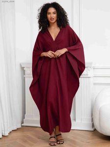 Grundläggande avslappnade klänningar Bohemian Solid V-hals Batwing Sleeve Loose Maxi Dress for Women 2024 Summer Casual Beach Wear Kaftan Long Dresses Q1306 L49