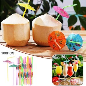 Disposable Cups Straws 100pcs Tropical Plastic Umbrella Parasols Cocktail Drink Straw Hawaii Beach Wedding Party Decor