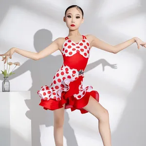 Stage Wear 2024 Big Red Wave Dot Bodysuit Split Skirt Suit Chacha Rumba Tango Dress Kids Clothing Latin Performance Dance DN17522