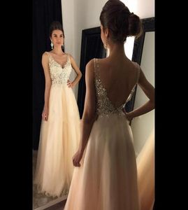 2023 Vneck Champagne Prom Dresses Beaded Applique Long Tulle Evening Dress Open Back Aline Long FloorLength Formal Gowns2512129