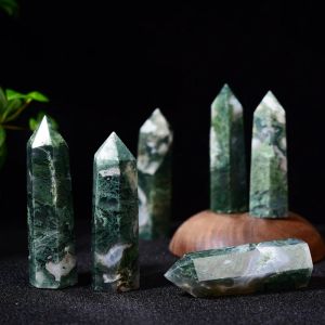 Натуральные кристаллы мох агат палочки заживают чакра камни 6 огражденных призмы водные агат агат -башня для дома декор дома
