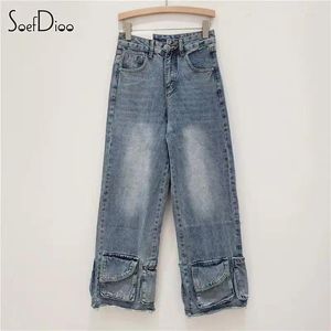 Kvinnors jeans soefdioo flera 3D -fickor bred ben denim byxor kvinnor mode hög midja raka byxor y2k kvinnlig vintage streetwear