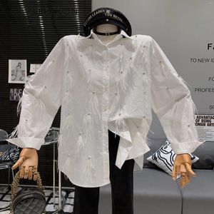 Women's Blouses Korean Fashion Elegant High End Rhinestone Feather Stitching Shirt Commute Style Loose Slim All-Match Gentle White Blouse