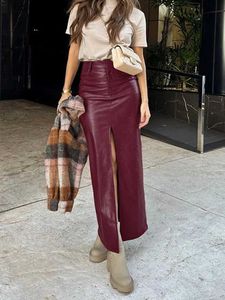 Sexig kjol 2023 Autumn Winter Women Y Bodycon Maxi Leather kjolar Solid Red High midjekontor slits Lång blyertspenna för kvinnor L410