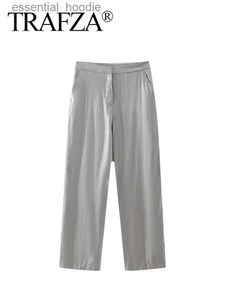 Women's Pants Capris TRAFZA Fe New Fashion Wide Leg Pants Silver High Waist Pocket Button Zipper Trousers Spring Pants Womens 2024 Fashion C240411