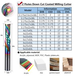 5Pcs 2.0/3.175/4/5/6mm DLC left handed two spiral flute End Mill, Down Cut Milling Cutter for Acrylic, plywood, MDF, PVC,Wood