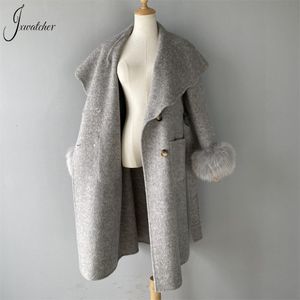 JxWatcher Cashmere Coats Woman Winter 2022 New Style Real Fox Fur Cuffs Big Tulsdown Collar Belt Slim Elegant Long Trench Coat