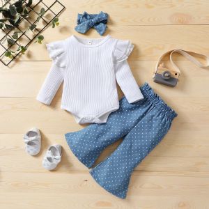 Hose 3 PCs Neugeborene lässige Outfits Baby Girls Rippen Fliegenhülle runder Nacken Strampler + Punkt Druck ausgestattete Hose + Bogenknoten -Stirnband