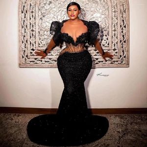 Party Dresses Gorgeous Black Beaded Lace Prom Sheer Neck African Formal Dress Corset Mermaid Wedding Guest Gown Aso Ebi