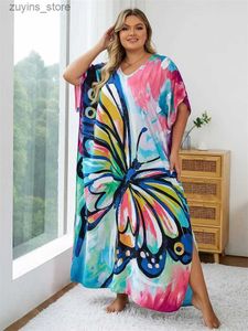 Grundläggande avslappnade klänningar 2024 Causal Butterfly Print Sexig V Neck Loss Long Dress African Summer Women Beachwear Batwing Sleeve Plus Size Cover Ups Q1577 L49