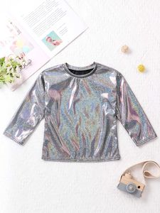 Children Boys Girls Shiny Metallic T Shirt Long Sleeve Dance Crop Top Modern Jazz Hip Hop Shirt Blouse Stage Performance Costume