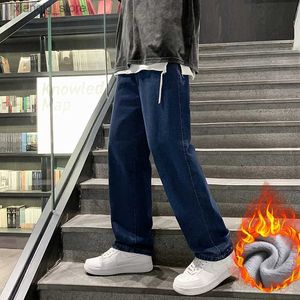 Mäns jeans vintermens jeans mode street tand plus sammet förtjockad lös blå denim byxor baggy raka breda ben byxor s-3xl l49