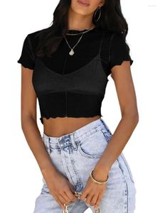 Kvinnors T-skjortor Deuyeng Women s Sheer Mesh Crop Tops Kort ärm Bodycon Tees Se genom Crew Neck Solid Color T-shirts Clubwear