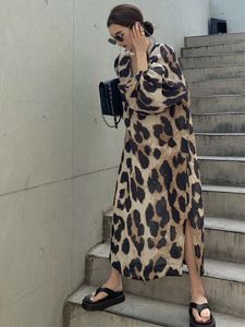 HWL Vintage Leopard Print VNeck Split Dress Womens Summer Chiffon MidLength Skirt Casual Loose Dresses 240411