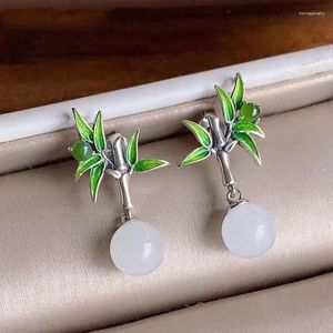 Dangle Ohrringe Natural Hetian Jade Damen Sterling Silber Green Bambusblätter Retro Retro Chinesische Stil verbrannten Blau Emaille Ehrgeigung