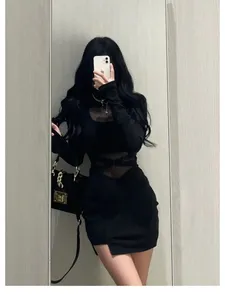 Casual klänningar houzhou sexig svart klänning kvinnor smal mesh bodycon mini y2k 2024 långärmad mantel tunt vävperspektiv wrap