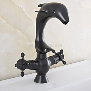 Bathroom Sink Faucets Black Oil Rubbed Bronze Swivel Spout Dual Cross Handles Dolphin Style Kitchen Faucet Mixer Tap Tsf842