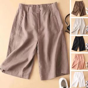 Bomullslinne Gröna kvinnor Summer Shorts Hög midja Löst Casual Elastic Short Wide Ben Pants 240411