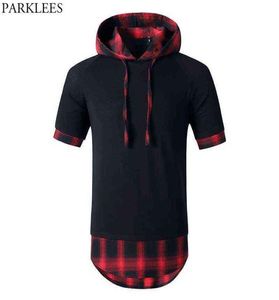 Red Black Plaid Patchwork Extra Long Hooded Tshirt Men Hip Hop Short Sleeve Casual T Shirt Homme Casual Harajuku Streetwear Tees G2919855