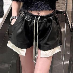 Kvinnors shorts 2024 Summer Fashion Contrast Color Imitation Leather Lace Up High midje Wrap Hip Tight Casual For Women