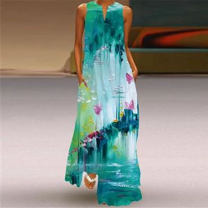 Sexy Vneck Sleeveless Dress For Women Summer Fashion Sundress Retro Print Long Dresses With Pocket Maxi Femme Vestidos 240411