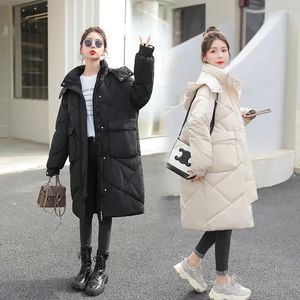 Kvinnors dike rockar vinterjacka kvinnor lång 2024 ner bomull koreansk lös all-match tjock parkor kvinnlig huva över knä vadderad kappa