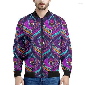 Herrenjacken Pfauen Feder Blumenmuster Print Bomber Jacke 3D Langarm Sweatshirt Cool Street Reißverschlussmantel