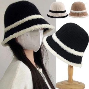 Berets Winter Plush Bucket Hat Wide Brim Warm Wool Cable Knitted Fisherman Cap Casual Foldable Panama Bonnet Lady Outdoor Sunscreen