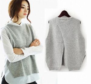 Autumn Cashmere tröja väst kvinnor ärmlös Oneck Back Cross Split Stickover Vest Female Jumper Pull Femme T1909234872017