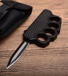 Black Knuckle Duster av hög kvalitet Auto Tactical Knife D2 Dubbelkant Satin Blade Steel Stål Kolfiberhandtag utomhus EDC räddning KN5069721