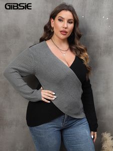 Gibsie plus size color blockering djup v-hals sexig tröja kvinnor 2023 höst vinter långärmad kontor damer stickad jumper