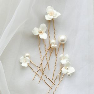 6Pcs/Set Ceramic Flower Bridal Hairpin Tiara Accessories New Arrival Simple Pearl Wedding Headpiece Jewelry For Women
