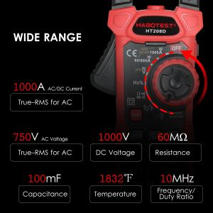 HABOTEST HT208D AC/DC Digital Clamp Meter True-RMS Multimeter Anto-Ranging Tester Current Clamp with Amp Volt Ohm Diode