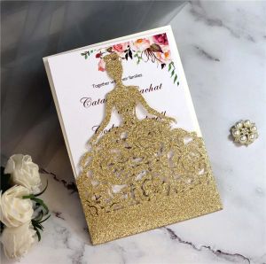 Glitter Laser Cut Crown Princess Invitationskort för födelsedag Quinceanera Rose Girl Wedding Invitations Fashion Hollow Out Greating Card