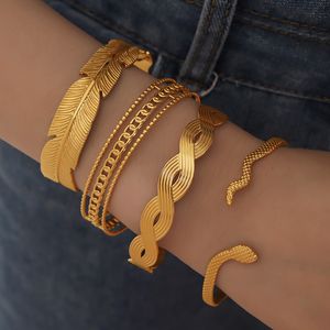 Retro Cuban chain bracelet stacked 18K gold-plated titanium steel layer feather charms golden cuff bracelets bangles