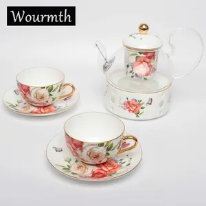 ティーウェアセットWourmth British Pastoral Style Afternow Tea Set Glass Teapot Ceramic Flower TeaCup Advanced Drinkware無料ギフトボックス