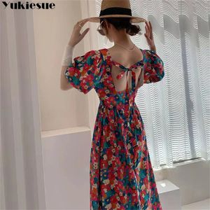 Summer Womens French Square Neck Floral Dress Hollow Lace Up Midi Retro Elegant Ladies Oil Painting 240411