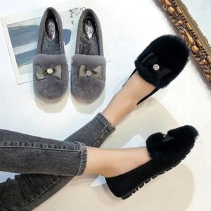 Casual Shoes Trendy Winter Fur Female 2024 Real Hair Pregnant Women With Velvet Warm Crystal Bow Flats Cotton Loafers